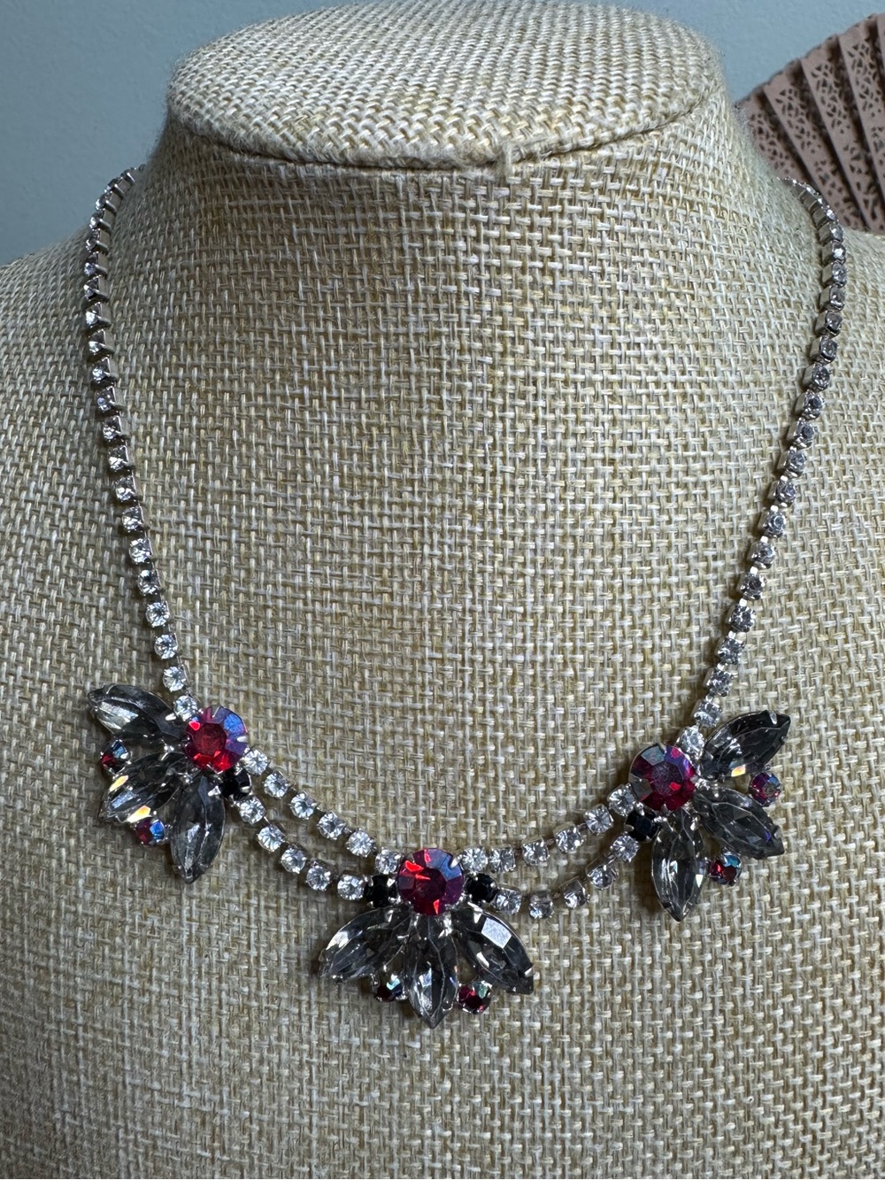 Vintage Silver-Tone Necklace with Red and Smoky Crystal Accents